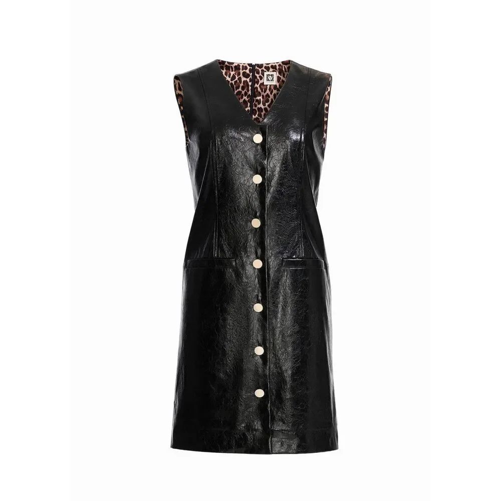 Anne Klein Faux-Leather Vinyl Sleeveless Button-Down Dress Black 6